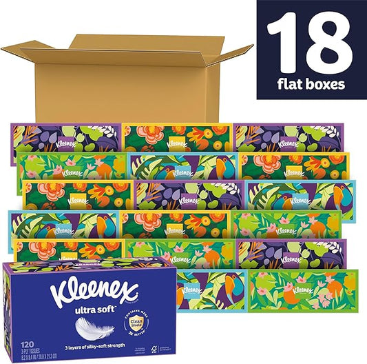 Kleenex Ultra Soft Facial Tissues, 18 Flat Boxes, 120 Tissues per Box, 3-Ply (2,160 Total), Packaging May Vary