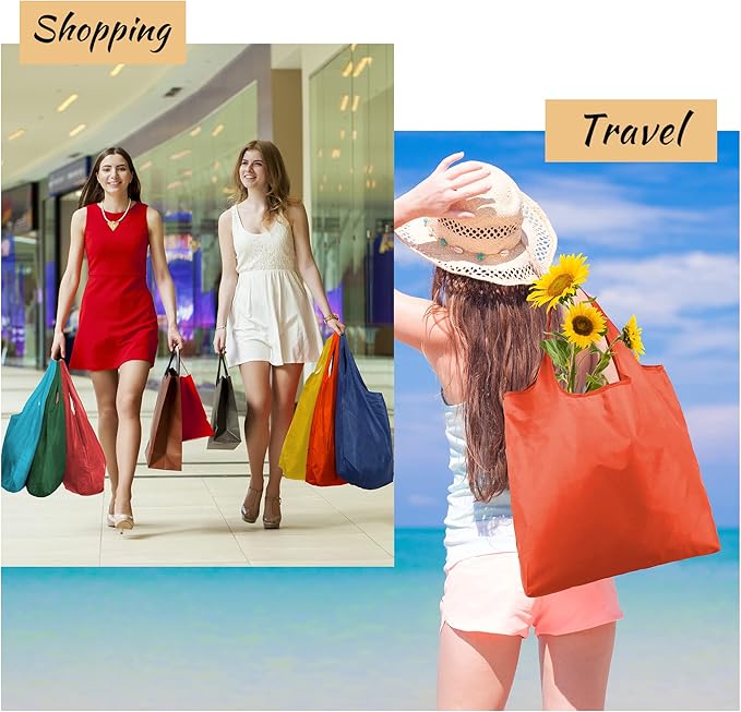 BeeGreen Foldable Travel Bag Reusable Shopping Bags for Groceries - 6 Pack Large Collapsible Bags - Lightweight Machine Washable Tote Bags - Colorful Kitchen Grocery Bags (Red, Orange, Green)