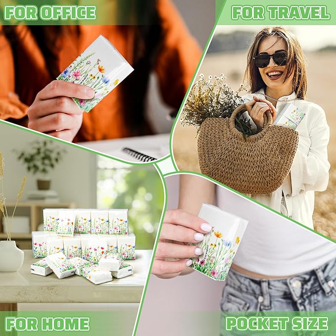 Therwen 100 Pack Pocket Tissues Travel Packs Bulk 1000 Sheet Mini Tissues Bulk 3 Ply Small Travel Size Paper Individual Pocket Size (Wildflowers)