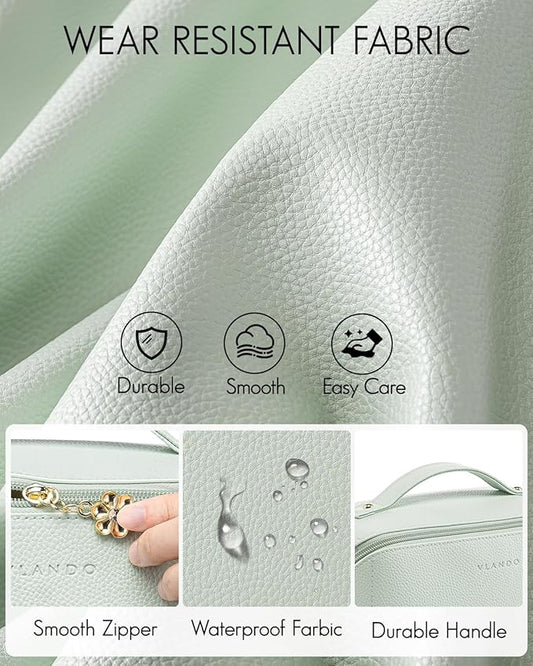 Vlando Makeup Bag,Large Capacity Toiletry Bag for Women Waterproof Portable Make up Pouch PU Leather Open Flat Cosmetic Bag(Mint Green)