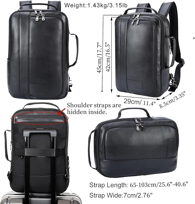 Masa Kawa Slim Leather 15.6" Laptop Backpack for Men Convertible Briefcase Backpacks Expandable Black Business Work Bag Slim Travel Daypack