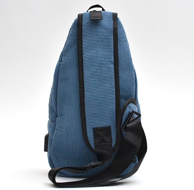 Anti-Theft Daypack Crossbody Sling Backpack, USB Charging, Lightweight Day Pack for Travel, Hiking, Everyday, Large, Cornflower Blue Corduroy