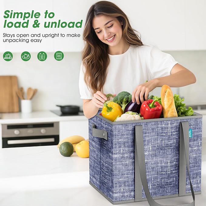 Fab totes Reusable Grocery Bags, Large Foldable Shopping Tote Bags with Reinforced Handles & Hard Bottom, Heavy Duty Water Resistant Shopping Grocery Bags for kitchen,Picnic,6 Pack,Blue