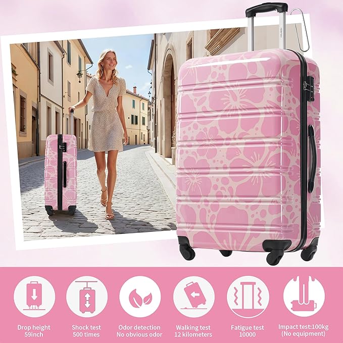 Merax Luggage Sets 3 Piece, Hardside Suitcase Set with Spinner Wheels, Lightweight Printing Luggage Carry on,20+24+28 IN,Pink
