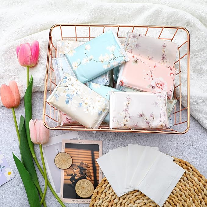 24 Packs Travel Size Tissue Pocket Slim Pack Facial 3 Ply Wallet Size Pocket Tissues for Travel Wedding Party Favors, 6 Styles(Colored Flowers)