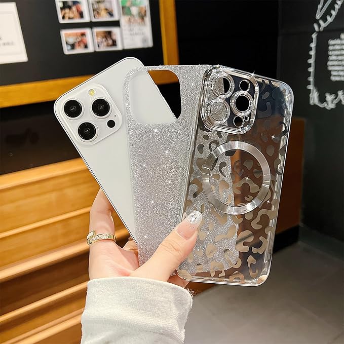 for iPhone 15 Pro Max Case Magnetic,Soft Cute Luxury Leopard Cheetah Pattern Plating Glitter Bling Phone Case Compatible with MagSafe Clear Shockproof Back Cover for Women Girl 6.7"-Silver