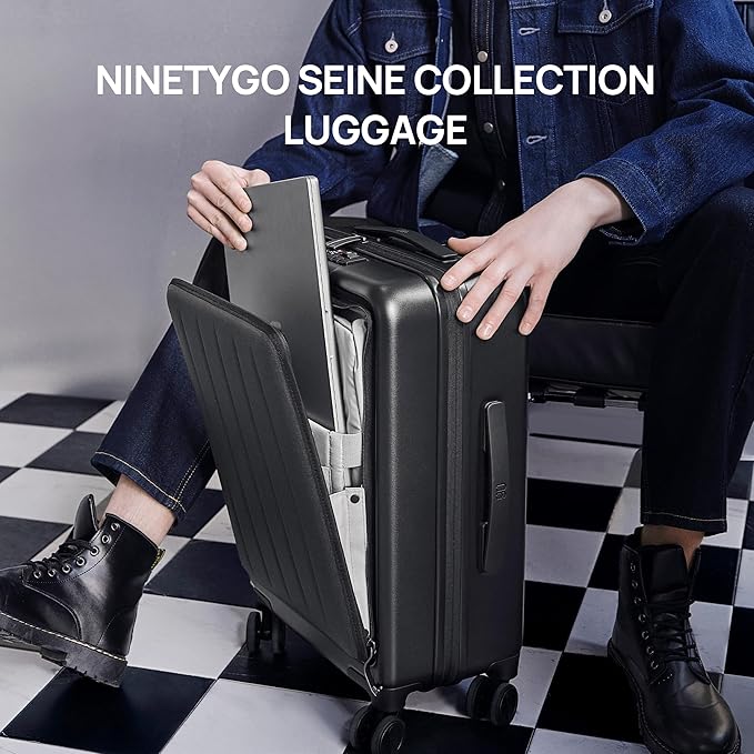 NINETYGO Carry on Luggage 22X14X9 Airline Approved with Front Laptop Pocket, 20 Inch Luggage with Front Compartment, Expandable, Double Spinner Wheels, Hardsided PC, TSA Lock (Black, Seine Max)