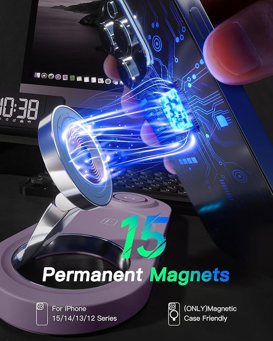 Upgraded 3 in 1 Wireless Charging Station for Apple Devices, Faster Mag-Safe Charger Stand, Magnetic Charger Station for iPhone 16/15/14/13/12 Series & AirPods Pro & Apple Watch Series (Purple)