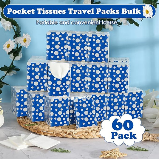 60 Pack Pocket Tissues Travel Tissue Packs 600 Sheets Tissues Travel Size 3 Ply Unscented Small Mini Tissue Pack with Unique Embossing Process Individual Portable Tissue Packs for Purse Travel Camping