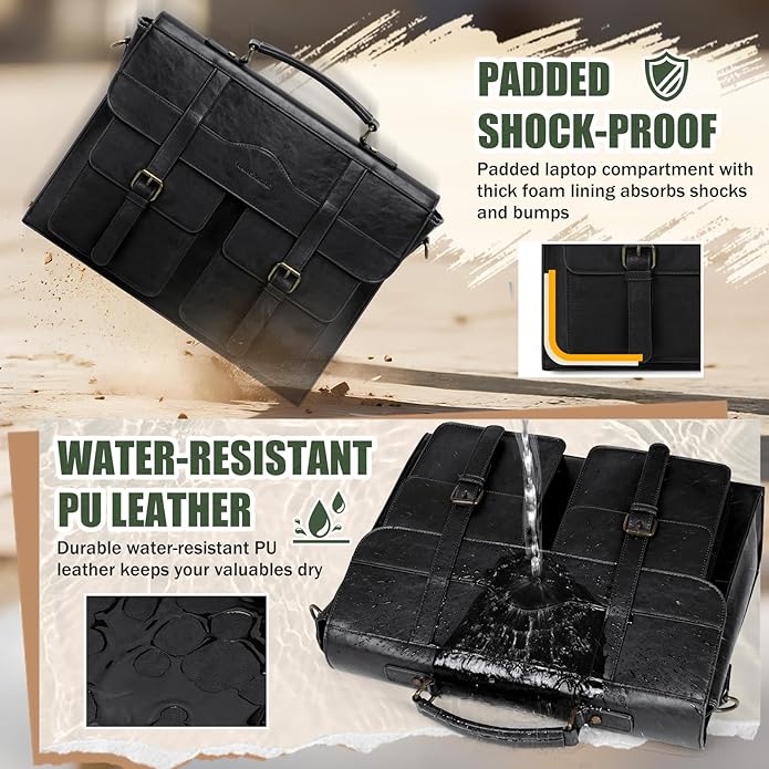 RAINSMORE Mens Messenger Bag 17 Inch Vintage Leather Laptop Briefcase Magnetic Closure Large Satchel Computer Shoulder Bag