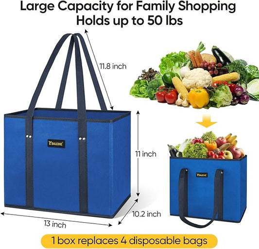 BALEINE 3Pk Reusable Grocery Bags, Foldable Shopping Bags for Groceries with Reinforced Bottom & Handles (Blue)