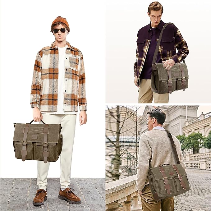 Messenger Bag for Men,13-14 Inch Laptop Bag, Vintage Water-resistant Waxed Canvas Satchel Bags, Leather Briefcase for School Work Travel (Vintage Grey)