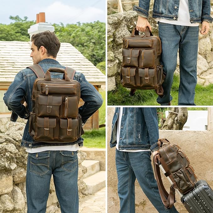 Masa Kawa Leather Backpack for Men Vintage 15.6 Inch Laptop Bag Multi Pockets Casual Travel Daypack Brown