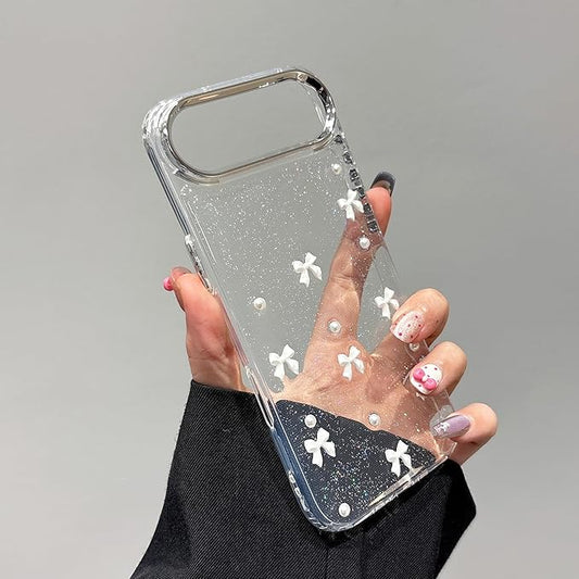 EYZUTAK Case for iPhone Air, Bling Glitter 3D Bowknot Phone Case Cute Sparkly Crystal Clear Bow Aesthetic Design Cover Slim Soft Durable TPU Transparent Protective Cover for Women Girl - White Bow
