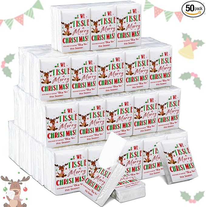 Ctosree 50 Pack Christmas Pocket Tissues Reindeer Travel Packs Bulk 500 Sheet Xmas Small Individual Tissues Pocket Packs 3 Ply Mini Travel Size for School Camping