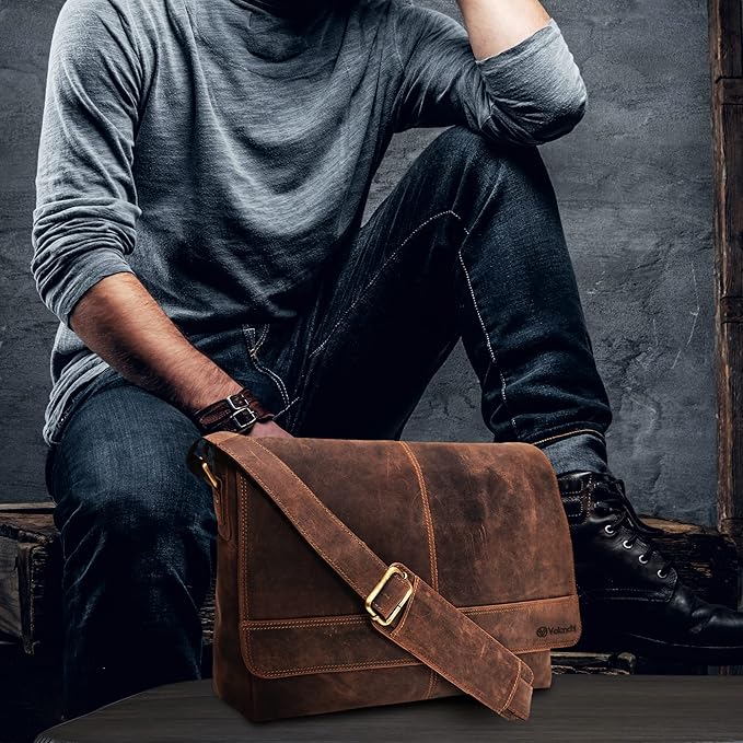 VALENCHI Leather Messenger Bag For Men, Women - 14" Leather Laptop Messenger Briefcase & Shoulder Bag - Office, Work, College, Casual - Gift For Him, Her - Father's day (BROWN VINTAGE)