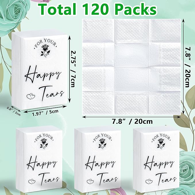 Lesnala 120Packs Happy Tears Tissue Packs for Wedding Kleenex Prepared for Guests 3 Ply Pocket Size for Travel Party Ceremony Graduation Favors White