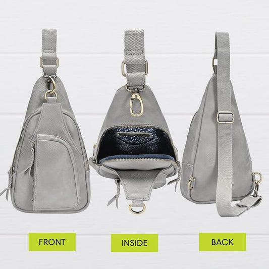 Antik Kraft Tasha Crossbody Sling (Grey) | Vegan Leather Crossbody Bag for Women with 16-20" Strap | Sling Bags for Women with Durable Antique Brass Hardware | 7in x 2.5in x 12.5in |