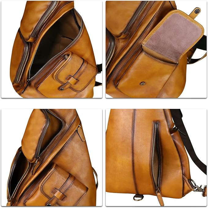Genuine Leather Large Sling Bag for Men and Women Large Sling Backpack Purse Shoulder Crossbody Chest Bag for Ipad (Brown)
