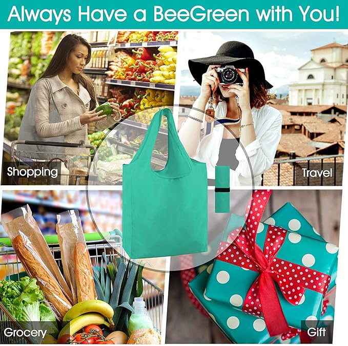 BeeGreen Groceries Reusable Bags for Shopping Compact Cute Solid Color Cloth Grocery Totes Set of 12 Fold up Packable Recycling Shopper Baggies w Zipper Carry Pouch for Supermarket