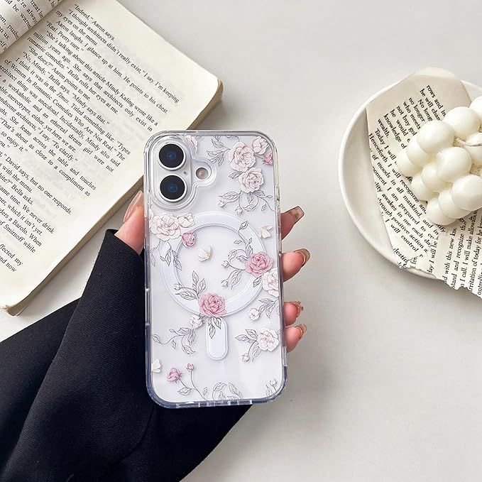 ZTOFERA for iPhone 16 Magnetic Case Compatible with Magsafe,Aesthetic Floral Pattern Design Cute for Girl Women,Anti-Drop Protective Hard Phone Cover for iPhone 16-Pink Rose