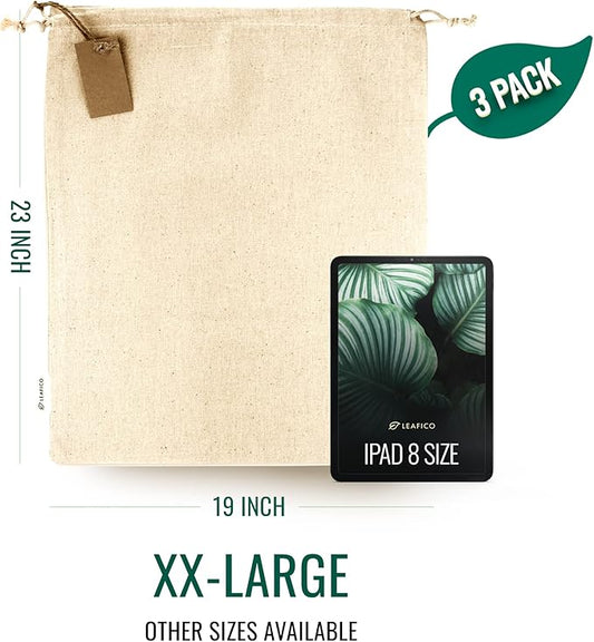LEAFICO Reusable Produce Storage Bags - XX-Large 19x23 3 Pack - Breathable Muslin Fabric Sacks with Drawstrings – Dust-Proof Travel Cotton Bags for Laundry, Clothes, Purses