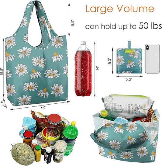 BeeGreen 6 Pack Bulk Foldable Packable Tote Bags for Women - Reusable Grocery Bags Shopping Bag with Pouch, Large Machine Washable Gifts with Handles for Travel,Beach,Holiday