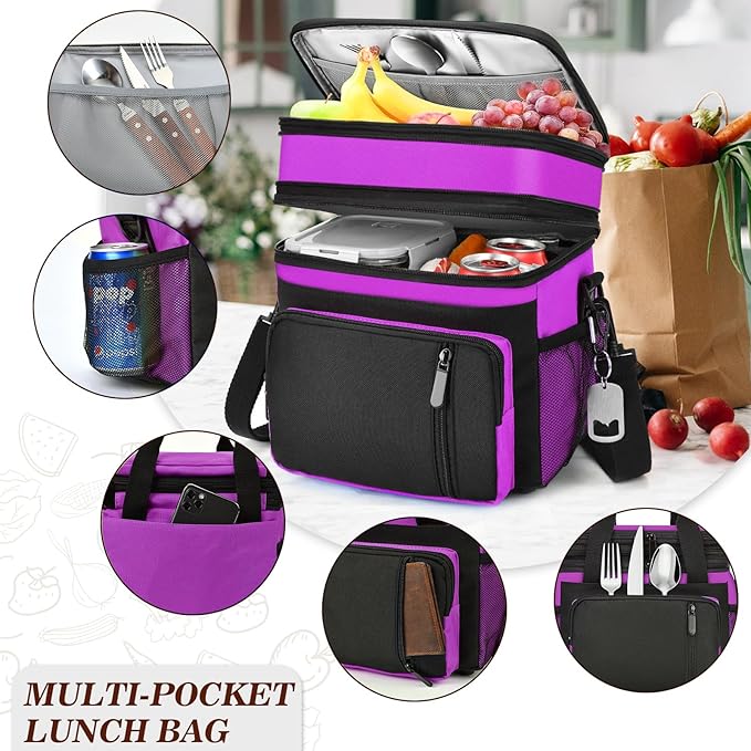 LOKASS Lunch Bag & Lunch Box for Men Women - Double Deck Expandable Insulated Waterproof Leakproof Cooler Bag for Work/Picnic - Purple