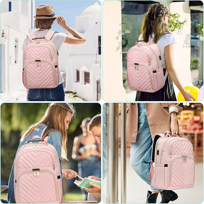 Laptop Backpack for Women, Large School Backpacks for Girls,17.3 Inch Fashion Quilted College Bookbags with USB Charger, Pink Womens Travel Backpack