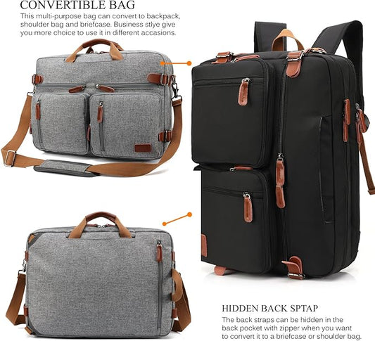Convertible Backpack Messenger Shoulder bag Laptop Case Handbag Business Briefcase Multi-functional Travel Rucksack Fits 17.3 Inch Laptop For Men/Women (Grey)