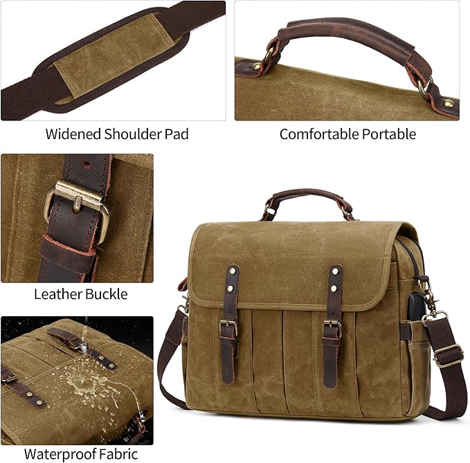 Messenger Bag for Men 15.6 Inch Vintage Canvas Genuine Leather Briefcase for Men Laptop Bag Satchel Shoulder Bag