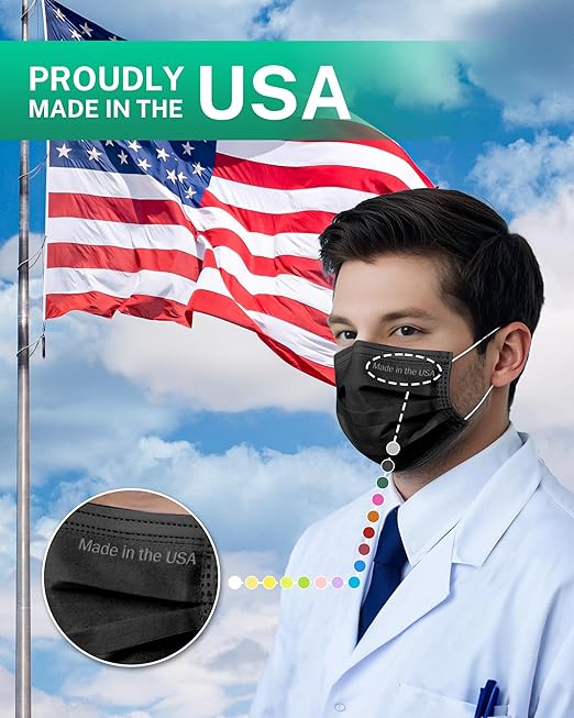 Disposable Face Masks Made in USA, 4 Ply for Families, Students, Breathable All-Day Wear & Safety, ASTM Level 3 Medical Grade, 50 Pack Individual Wrap, Black