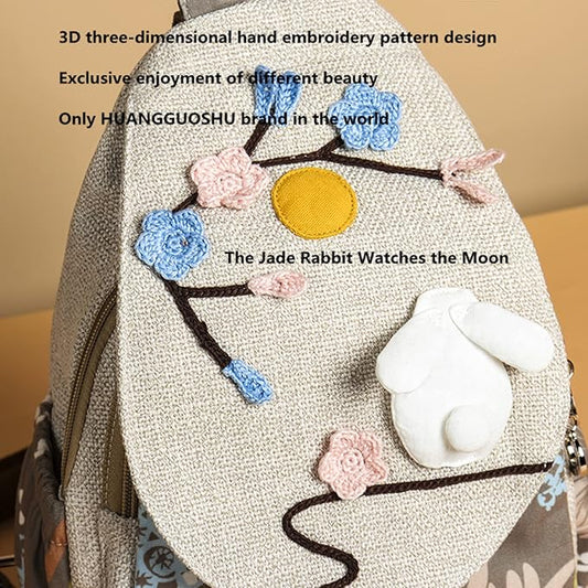HUANGGUOSHU Women Cotton Woven Bohemian Hemp Boho Canvas Embroidery Multi Pocket Retro Cute Backpack Wallet Backpack White rabbit