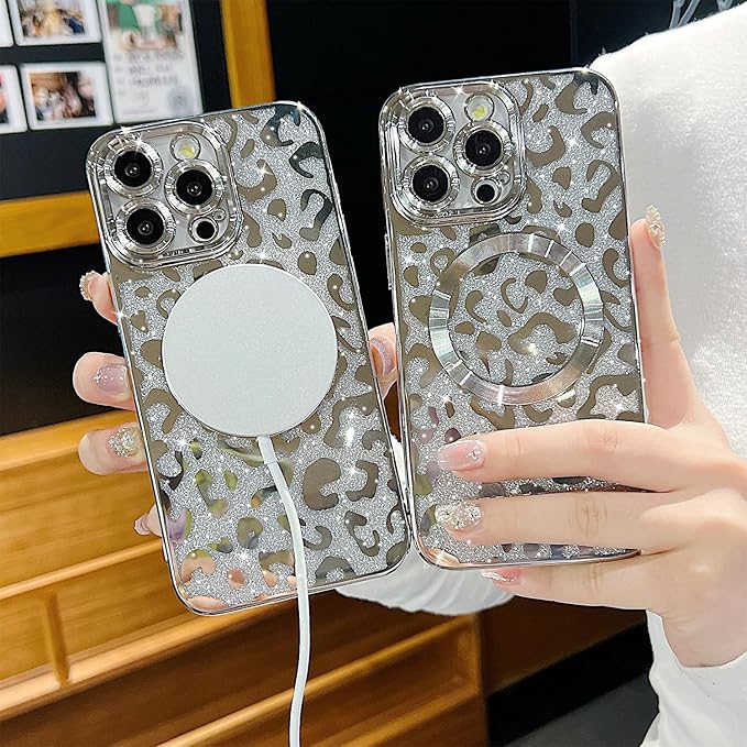 for iPhone 15 Pro Max Case Magnetic,Soft Cute Luxury Leopard Cheetah Pattern Plating Glitter Bling Phone Case Compatible with MagSafe Clear Shockproof Back Cover for Women Girl 6.7"-Silver