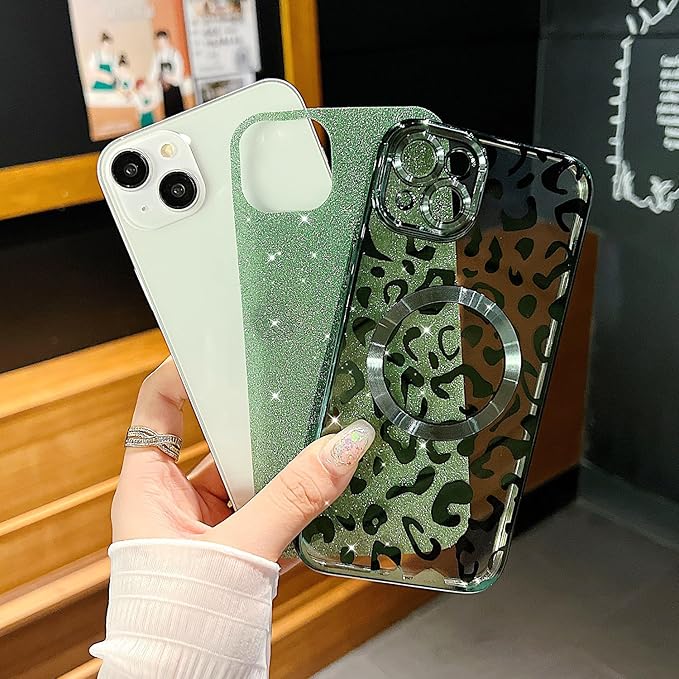 for iPhone 15 Case Magnetic,Soft Cute Luxury Leopard Cheetah Pattern Plating Glitter Bling Phone Case Compatible with MagSafe Clear Shockproof Back Cover for Women Girl 6.1"-Green