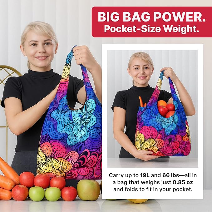 Nanobag Ultra-Lightweight Standard Size Tote Bag for Women & Men, Heavy Duty Reusable Grocery Bag, Foldable Travel Shopping Tote, Packable Cloth Bag with Handles, Washable Market Tote (Stars)
