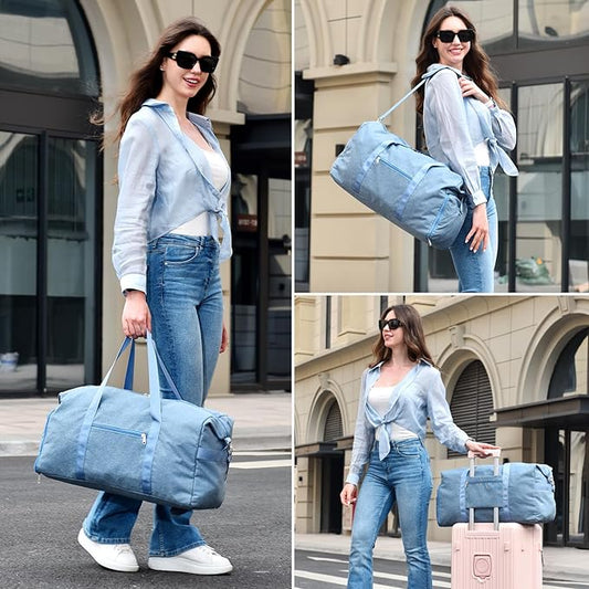 Carry on luaggage 22x14x9 Airlines Approved, Foldable Travel Duffel Bags Weekender Overnight Carry on Duffel Luggage Gym Duffle Bag with Wet Pocket & Shoe Compartment for Women Men(Blue, 40L)