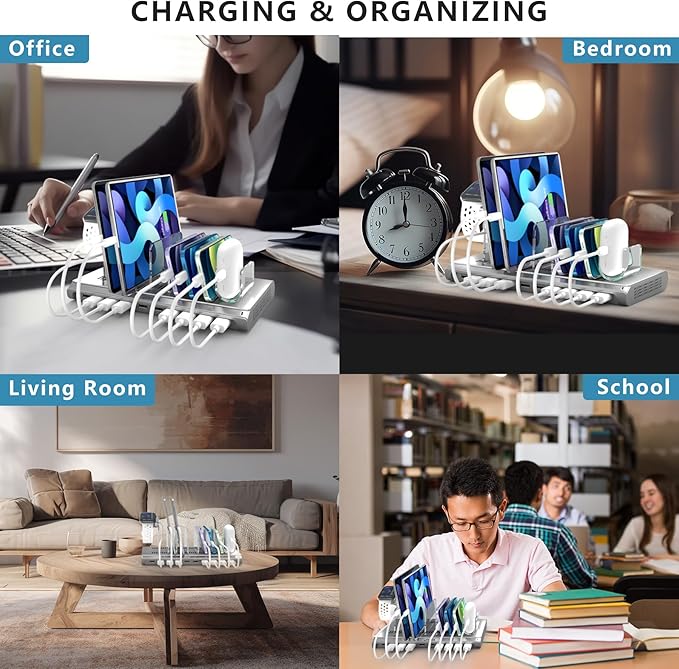 Unitek Multi iPad Charging Station - 10 Port USB Charging Station for Multiple Devices, Fast Charging Dock Cell Phone Organizer for iPhone, iPad, Android, Tablets - Silver