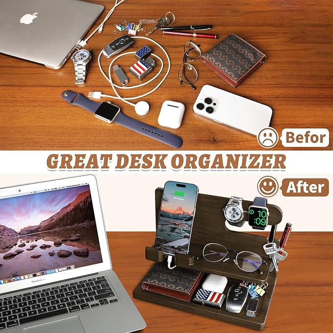 Gifts for Men Wood Phone Docking Station for Men Nightstand Organizer Gifts for Dad Charging Station Cell Phone Stand Desk Organizer Gifts for Husband Boyfriend Brother Son (Grey)