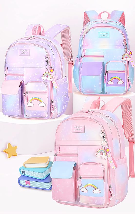 Girl Backpack for School Kids, Pink Cute Bookbag with Lunch Box Rainbow Elementary School Bag Pencil Case (Pink,3Pcs Set)
