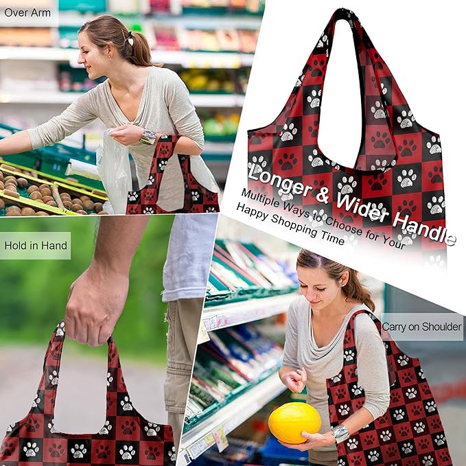 BeeGreen Christmas Reusable Grocery Bags with Zipper Storage Pouch 6 Pack Dogs Reusable Shopping Bags Bulk with Elastic Band Foldable-Machine Washable Christmas Gifts Tote Bags