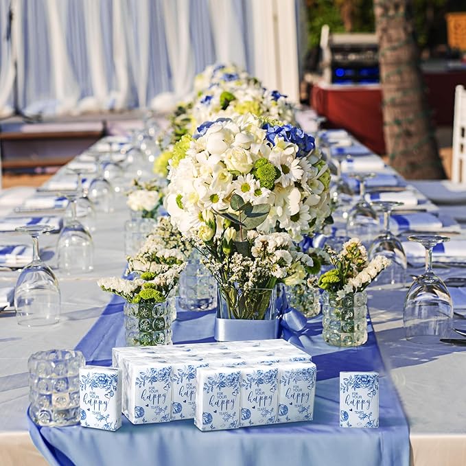 Spiareal 50 Pcs Blue Flower Happy Tears Tissues for Wedding Bulk 3 Ply for Your Happy Tears Wedding Tissues for Guests Pocket Paper Mini Travel Size for Party Favor Graduation