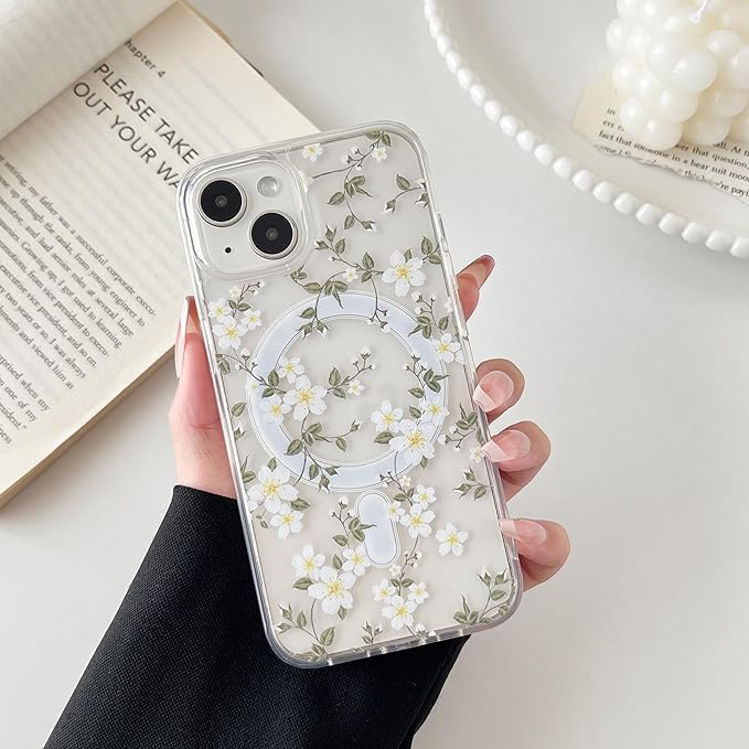 ZTOFERA for iPhone 13/14 Magnetic Case Compatible with Magsafe,Aesthetic Floral Pattern Design Cute for Girl Women,Anti-Drop Protective Hard Phone Cover for iPhone 13/14-Big White Flower