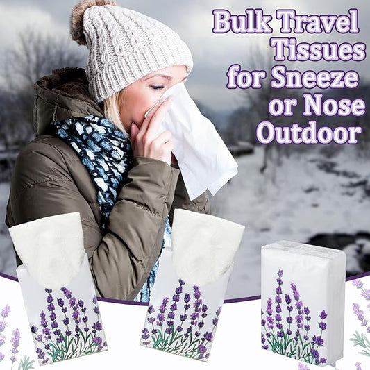 Therwen 100 Pack Pocket Tissues Travel Packs Bulk 1000 Sheet Mini Tissues Bulk 3 Ply Small Travel Size Paper Individual Pocket Size (Lavender Style)