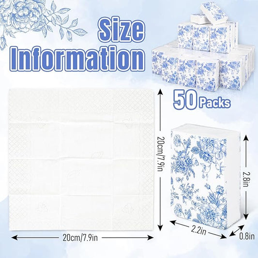 50 Bulk Blue Floral Tissue Packs Vintage Flower Mini Travel Size Facial Tissues Chinoiserie Flower Portable Pocket Tissue for Wedding Party Supplies