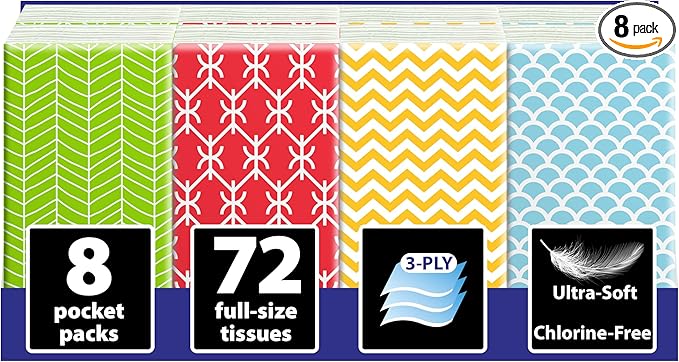 Funwares White Facial Travel Tissue Packs, Non-Bleach, Chlorine-Free, Compact Pocket Tissues for Car, Purse, School, Work, On-the-Go Tissue Packs, Geometric Design, 8 Packs, 72 Tissues, 3-Ply Sheets