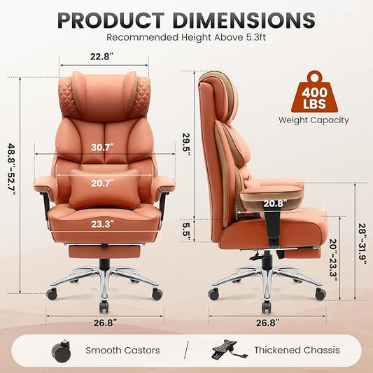 Office Desk Chair, Big and Tall Leather Gaming Chair with Footrest, Wide Ergonomic Comfy Executive High-Back Reclining Computer Chairs, Swivel Rolling Wheels and Padded Lumbar Support, Brown