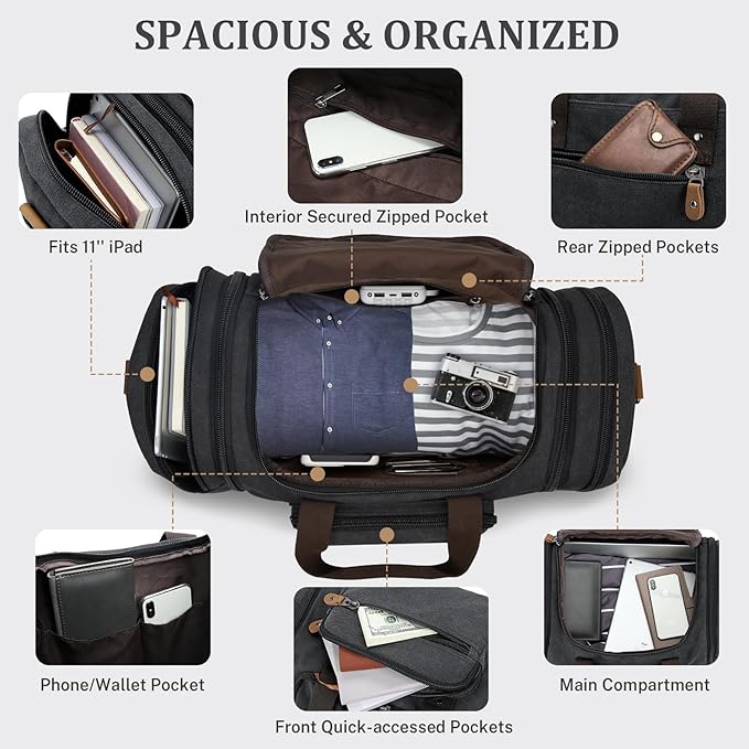 Gonex Canvas Duffle Bag for Travel 60L Expandable Duffel Weekend Overnight Bag men (Dark Gray)