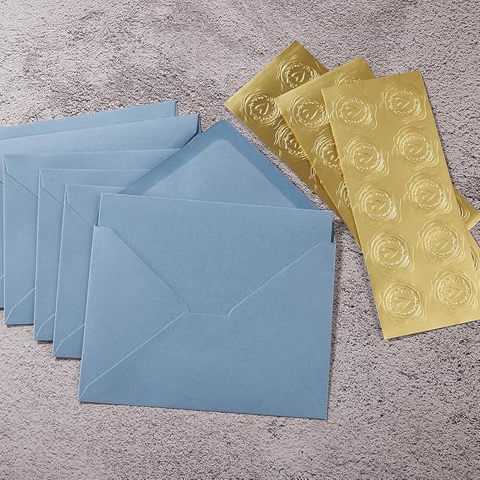 50 Pack Dusty Blue A7 Envelopes with Cards 5x7 Thick Folded Cardstock and Gold Stickers for Greeting Cards, Wedding, Birthday, Invitations, Baby Showers (Dusty Blue, 5x7)