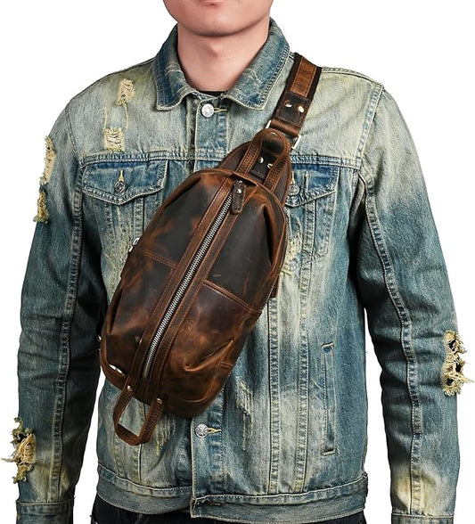 Thick Crazy horse Leather Triangle Crossbody Sling Chest Bag Travel One Shoulder Bag Daypack For Men Male 3028